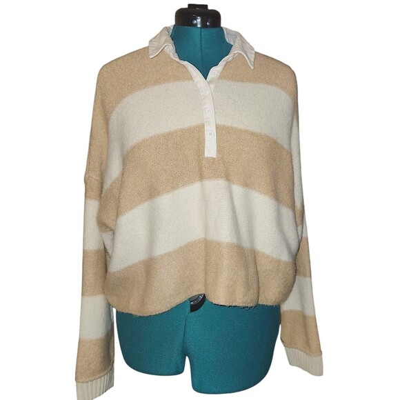 American Eagle Tan/Cream Striped Collared 3/4 Button Up Sweater XL Preppy Boxy - Picture 2 of 7
